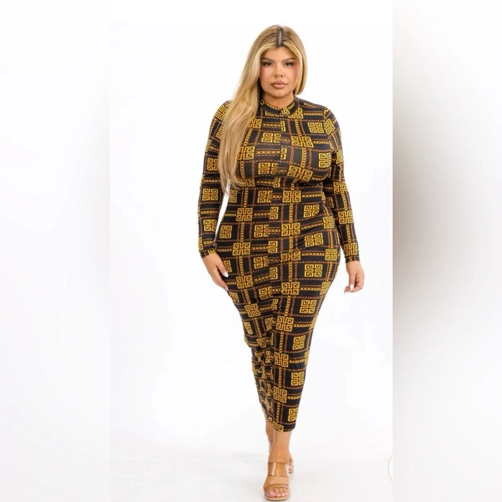 0980. LONG SLEEVE MOCK NECK BODYCON PRINTED MAXI DRESS - Picture 1 of 4